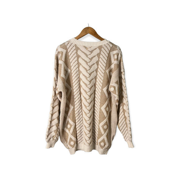 Vintage Sweater 80s Size M Jane Adams Oversized Cream Gold Metallic - Picture 2 of 11